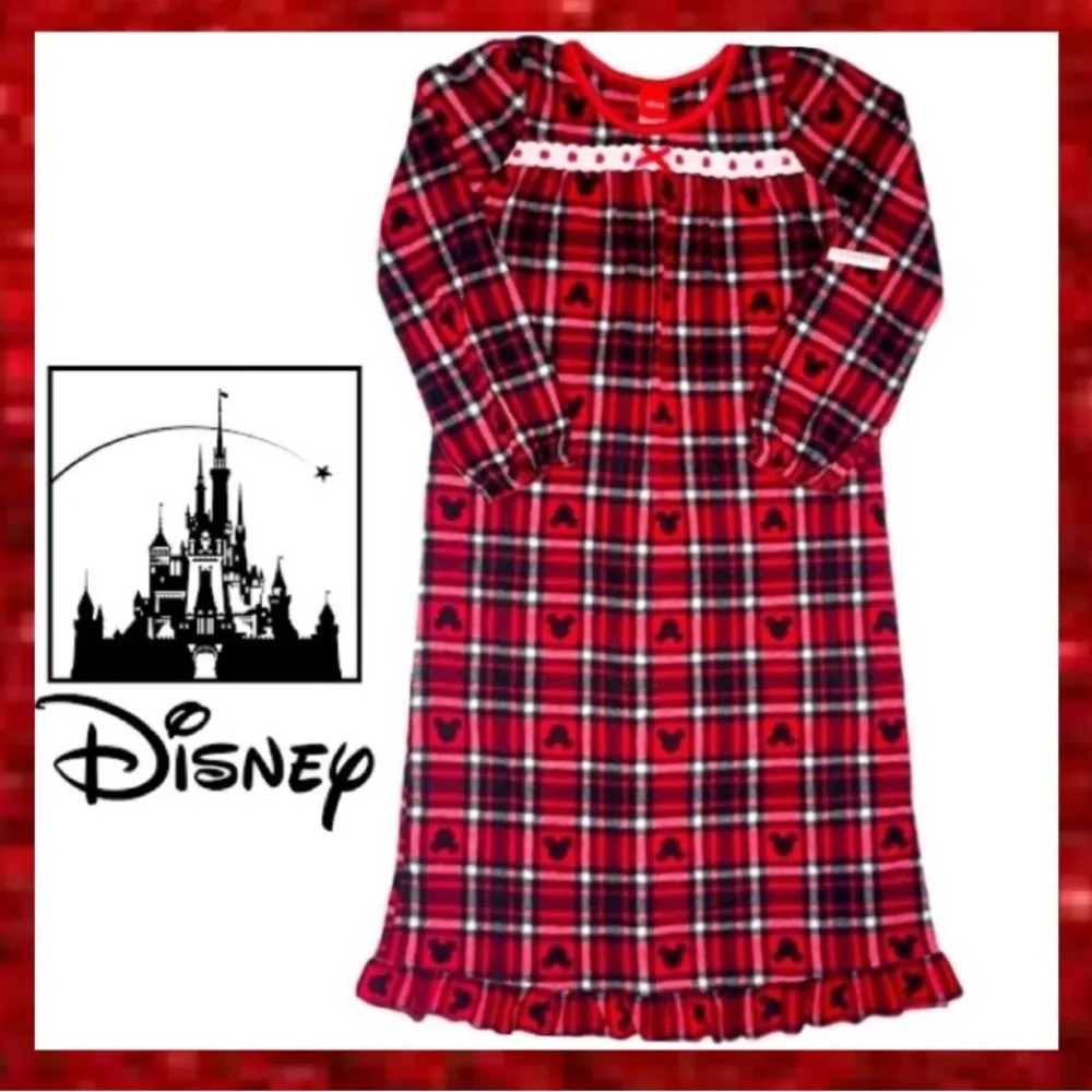 Disney Nightgown Lace Trim Bow Nightshirt Mickey Mouse Buffalo Plaid Tartan Red